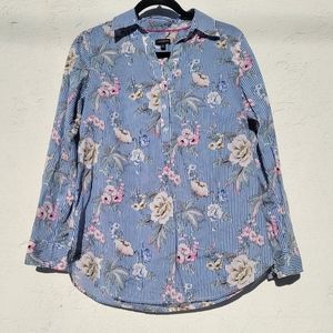 Talbots Cotton Floral Striped Popover 1/4 Button Top Blouse Size S